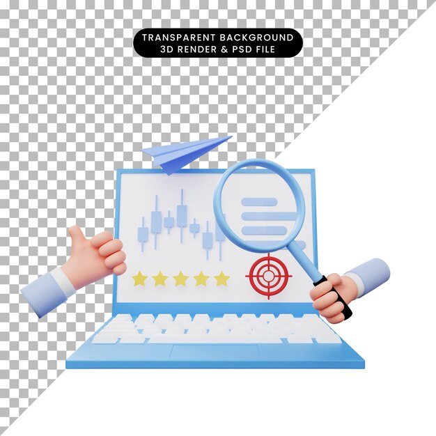 PSD ilustración 3d del informe de análisis de datos en la computadora portátil