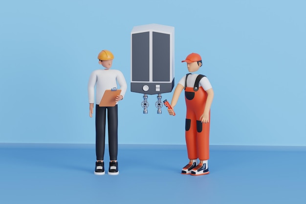 Ilustración 3D de ingeniero profesional reparando calderas