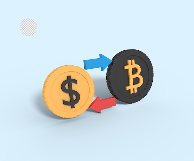 Ilustración 3d de intercambiar bitcoins por dólares