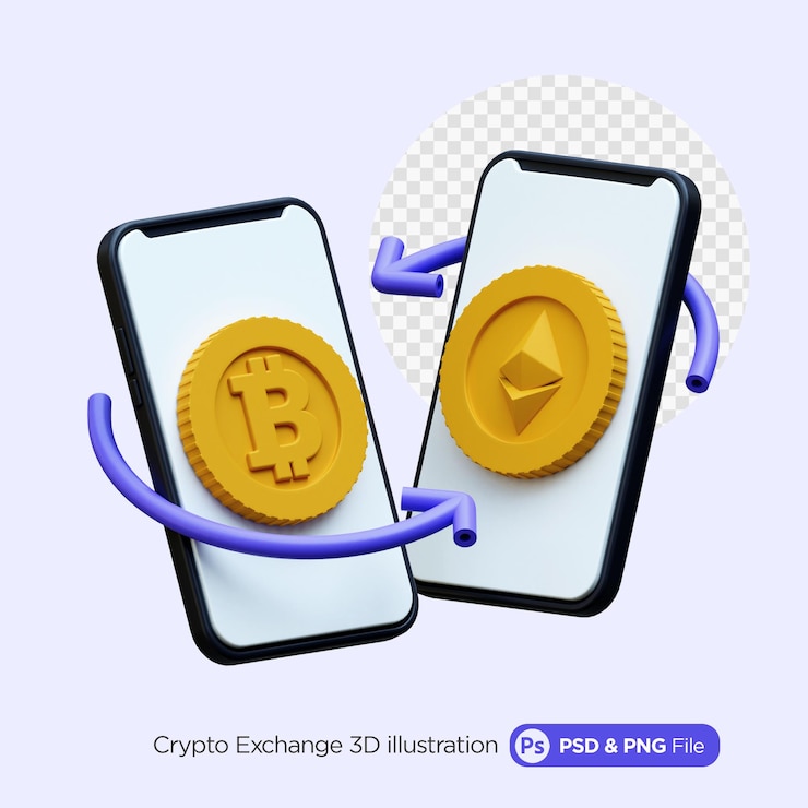 PSD ilustración 3d del intercambio de criptomonedas