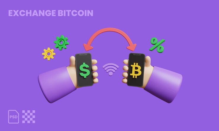 PSD ilustración 3d de intercambio de dólares de bitcoin pagando y recibiendo criptomonedas