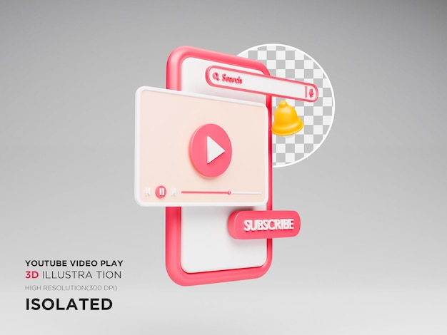 Ilustración 3d de la interfaz de reproducción de video de Youtube
