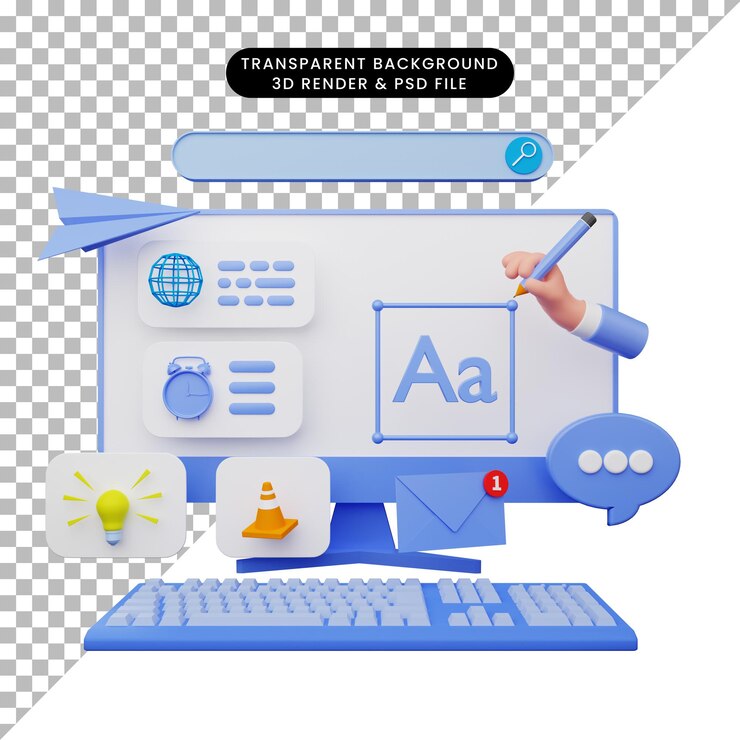 PSD ilustración 3d de la interfaz de usuario con monitor y teclado