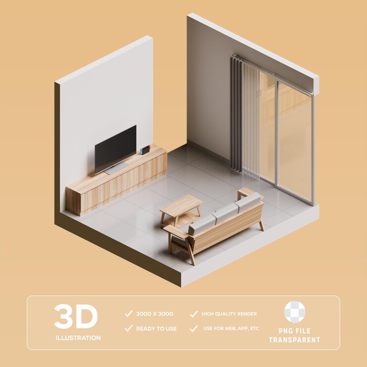 Ilustración 3D del interior de la sala de estar isométrica PSD