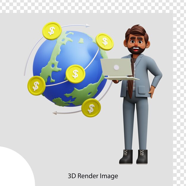 PSD ilustración 3d inversionista masculino monitorea los mercados globales