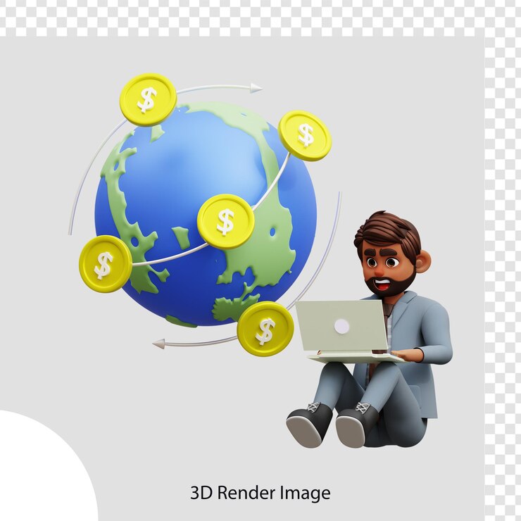 PSD ilustración 3d inversionista masculino monitorea los mercados globales