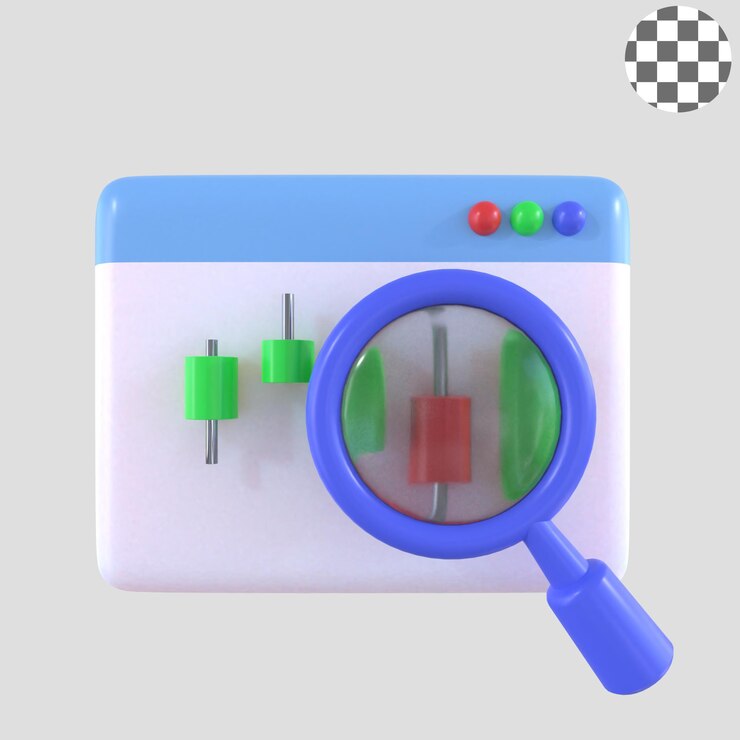 PSD ilustración 3d de investigación bursátil con lupa y candelabro