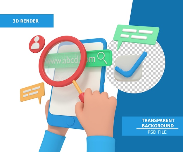 Ilustración 3d de la investigación del sitio web en el teléfono