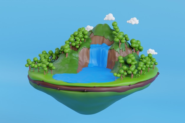 PSD ilustración 3d de una isla de bosque flotante con cascada de hierba verde