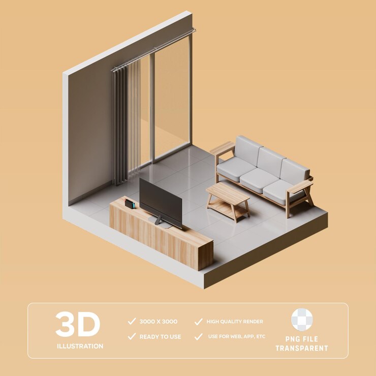 Ilustración 3D isométrica del interior de la sala de estar de PSD