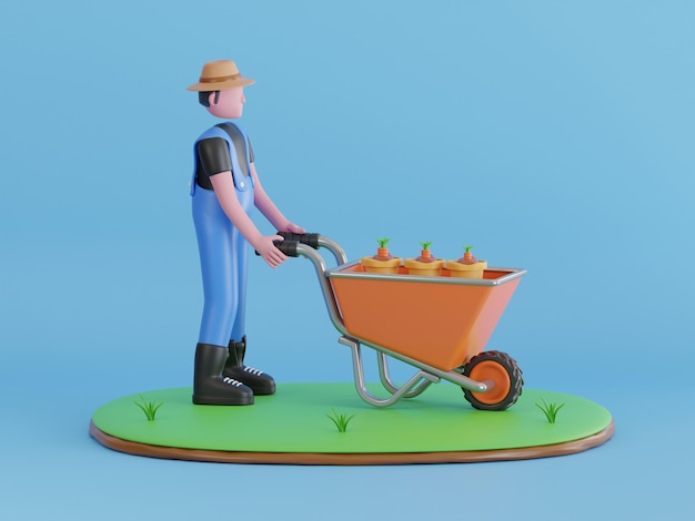 Ilustración 3D de un jardinero empujando una carretilla con plántulas de plantas