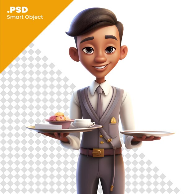 PSD ilustración 3d de un joven camarero con un plato y una plantilla de croissant psd