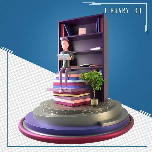 PSD ilustración 3d de un joven lee un libro en la biblioteca