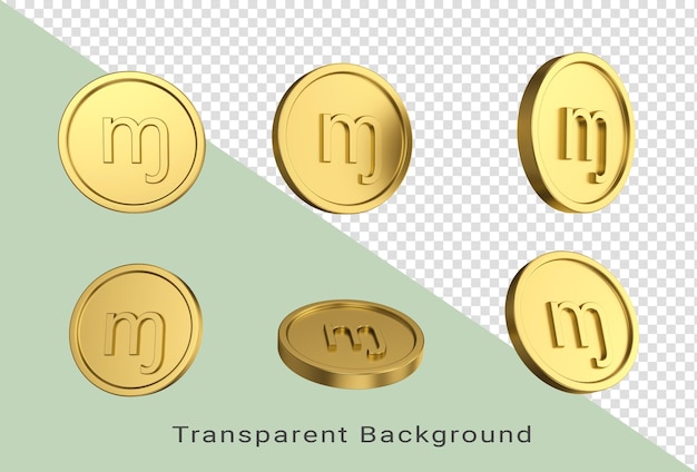 Ilustración 3d Juego de monedas Monero de oro en diferentes ángeles