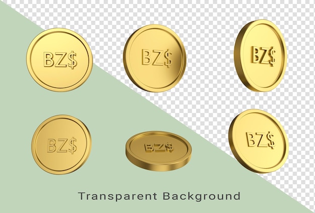 Ilustración 3d Juego de monedas de oro en dólares de Belice en diferentes ángeles