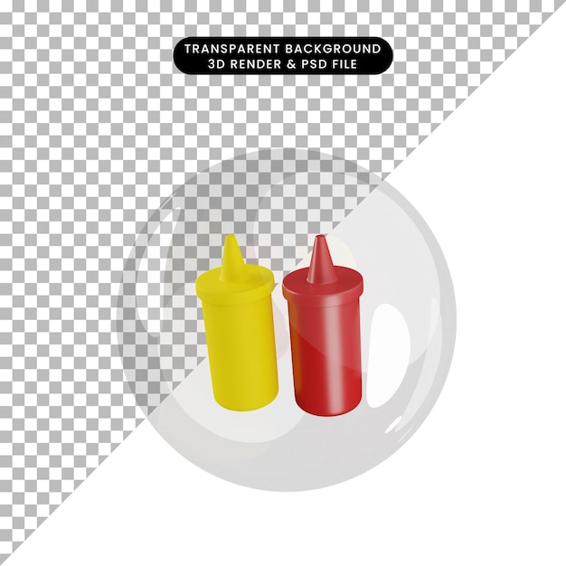 Ilustración 3d de ketchup de botella de objeto dentro de burbujas