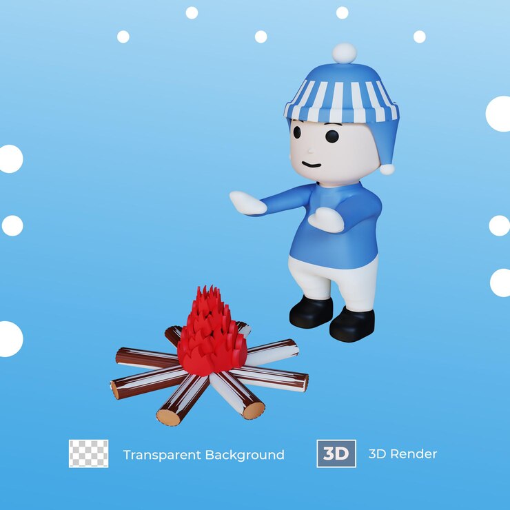 PSD ilustración 3d kid calentamiento cuerpo detrás de la hoguera