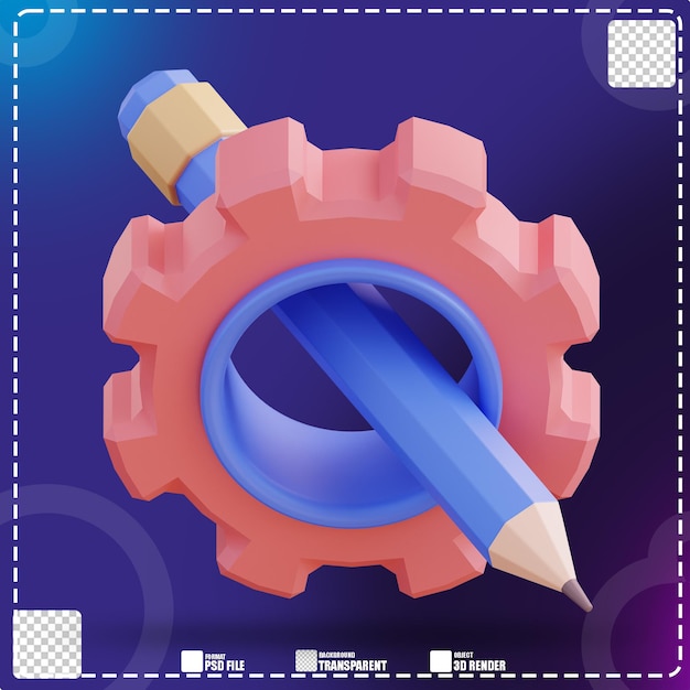 Ilustración 3D de lápiz y engranaje 2