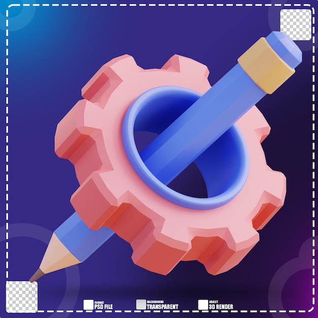 Ilustración 3D de lápiz y engranaje 3