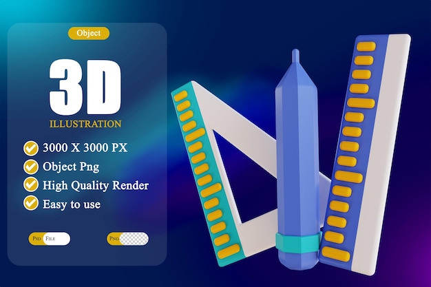 PSD ilustración 3d lápiz y regla 3