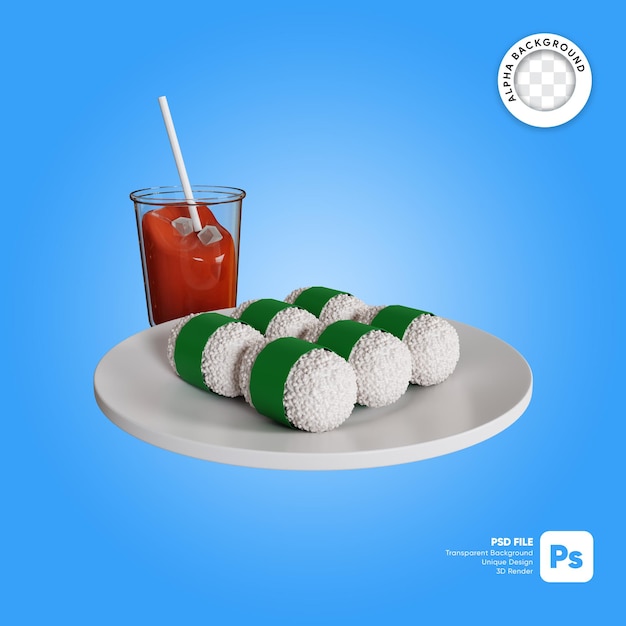 Ilustración 3d de lemper de comida tradicional indonesia en un plato con té helado