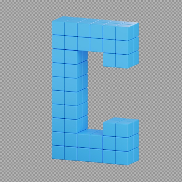 Ilustración 3D de una letra de color azul C hecha de bloques en un fondo transparente