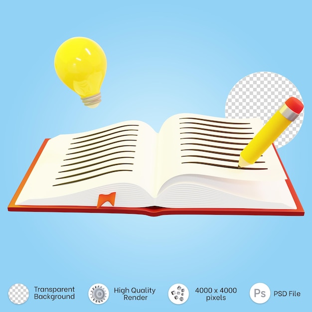Ilustración 3d de libro abierto con un lápiz y una bombilla