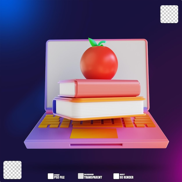 Ilustración 3d libro colorido manzana y portátil