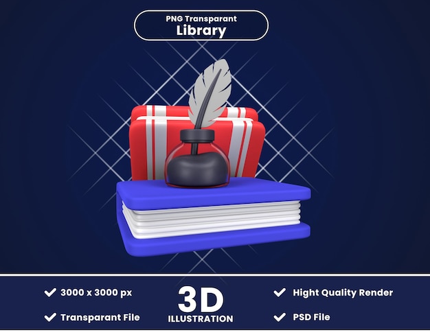 PSD ilustración 3d del libro y el tintero