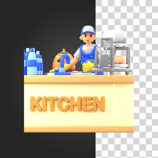 PSD ilustración 3d de limpieza de la cocina