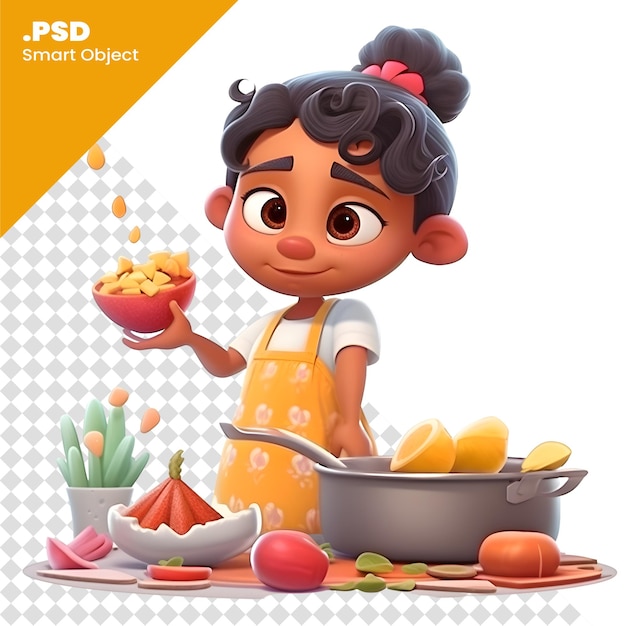 PSD ilustración 3d de una linda chica de dibujos animados cocinando en la plantilla de psd de la cocina