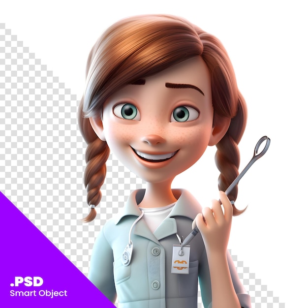 Ilustración 3D de una linda enfermera de dibujos animados con una plantilla PSD de estetoscopio