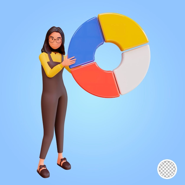Ilustración 3d linda mujer sosteniendo diagramas de gráficos circulares o tablero de gráficos con análisis de negocios