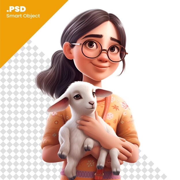 Ilustración 3d de una linda niña sosteniendo una cabra; aislada en la plantilla psd de fondo blanco