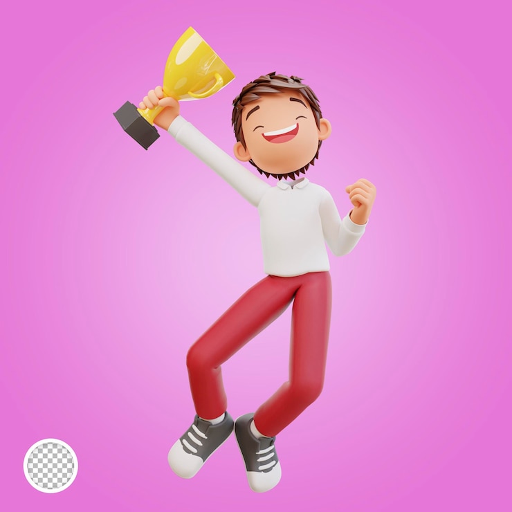PSD ilustración 3d lindo estudiante feliz salto sosteniendo un trofeo