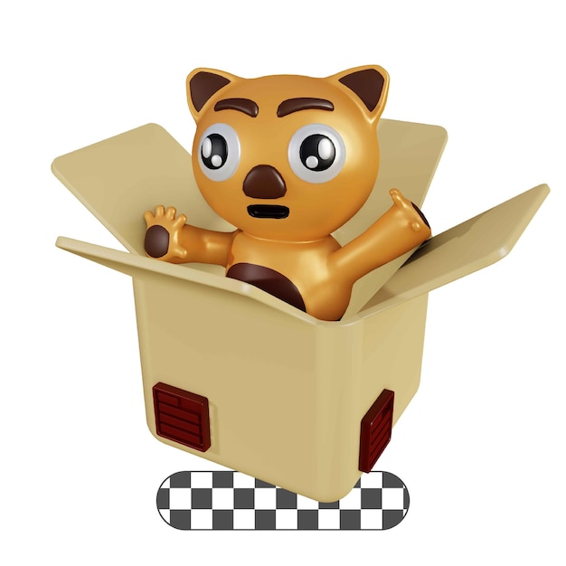 PSD ilustración 3d lindo gato salir de la caja de embalaje en color naranja y marrón