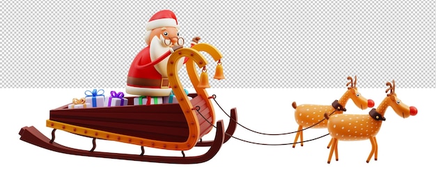 PSD ilustración 3d de lindo papá noel montando en trineo de renos con cajas de regalo sobre fondo blanco png.