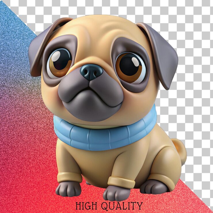 PSD ilustración 3d de un lindo perro pug de dibujos animados con ojos grandes