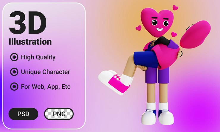 PSD ilustración 3d lindo personaje de amor día de san valentín para aplicación web de banner y otros