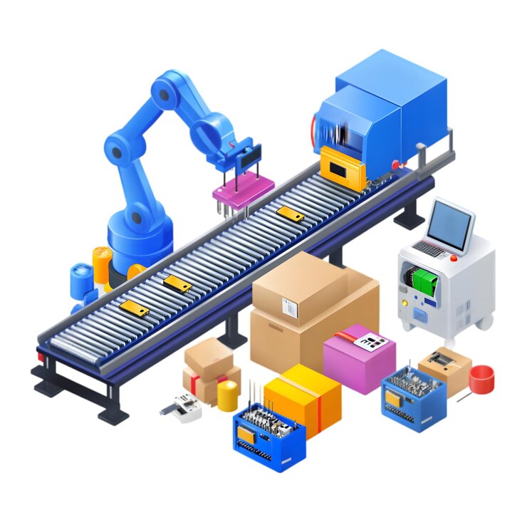 PSD ilustración 3d de una línea de ensamblaje de embalaje automatizado con cinta transportadora de brazo robótico e indust