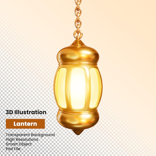 Ilustración 3d de linterna brillante árabe tradicional colgando de cadenas