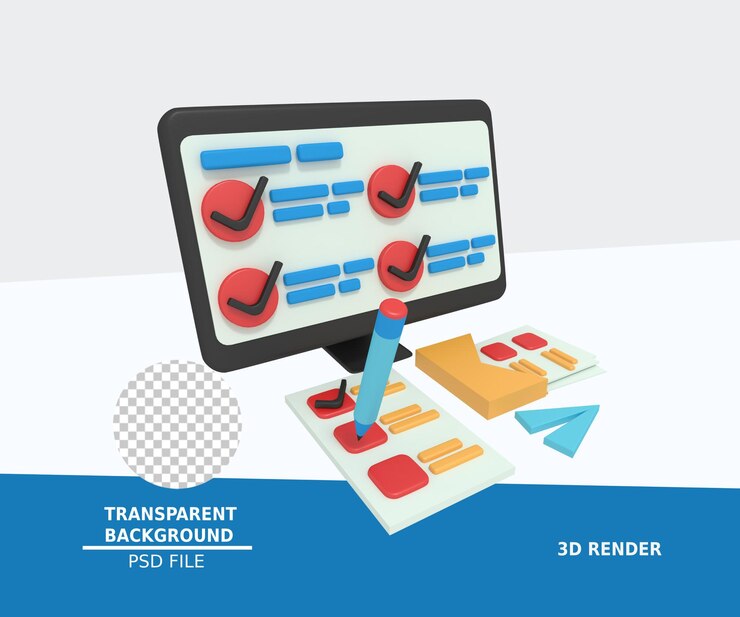 PSD ilustración 3d de una lista de verificación de encuestas en una computadora