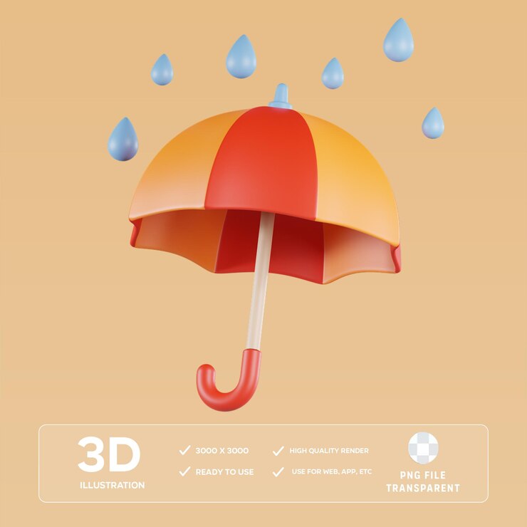 Ilustración 3D de la lluvia con paraguas de PSD