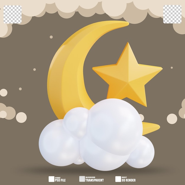 PSD ilustración 3d luna estrellas y nubes