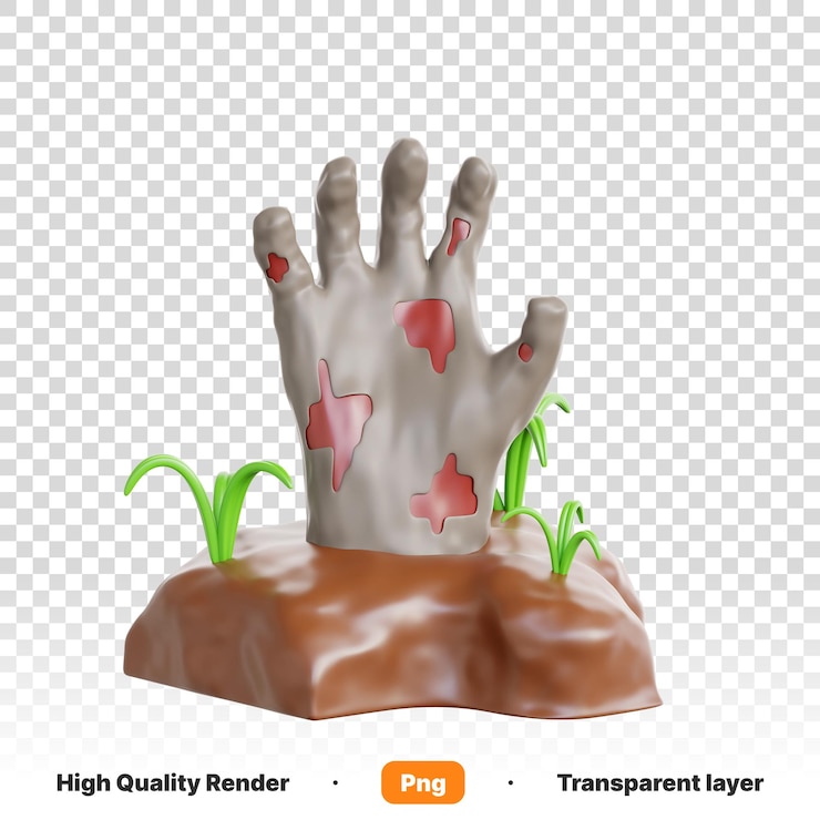 PSD ilustración 3d de una mano fuera de barro y árboles al lado pidiendo ayuda en fondo transparente