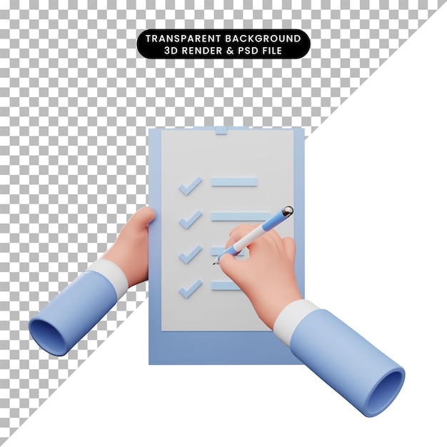 PSD ilustración 3d de mano haciendo lista de verificación