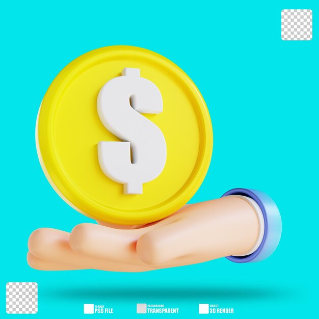 Ilustración 3d mano y moneda 3