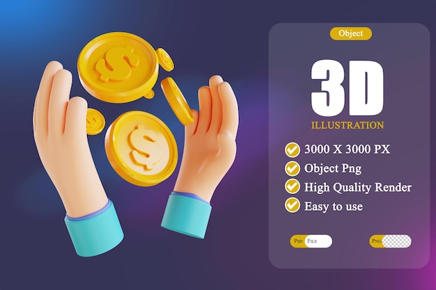 Ilustración 3D mano y moneda dólar fluyendo 2