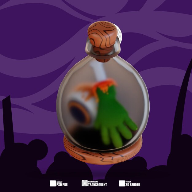 PSD ilustración 3d de mano y ojo de zombie en una botella 1