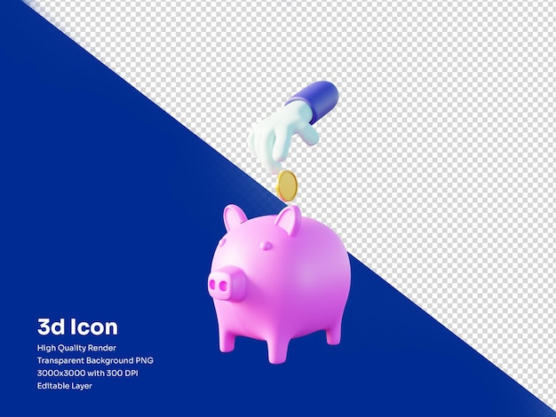 Ilustración 3d mano poniendo moneda al concepto de ahorro de dinero de hucha